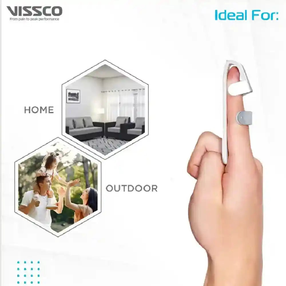 Product advertisement for VISSCO with a hand holding a device, labeled 'Ideal For: Home' and 'Outdoor'.