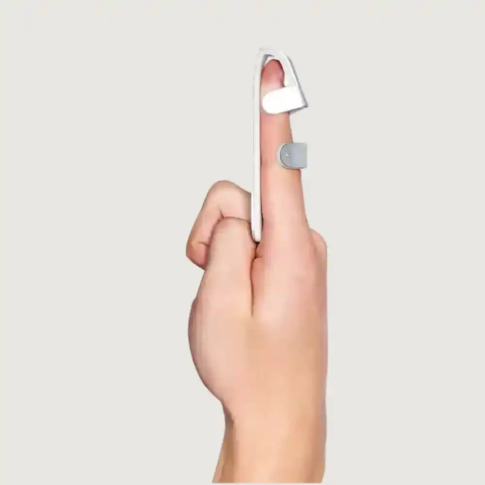 Hand with a white band on a finger against a light gray background