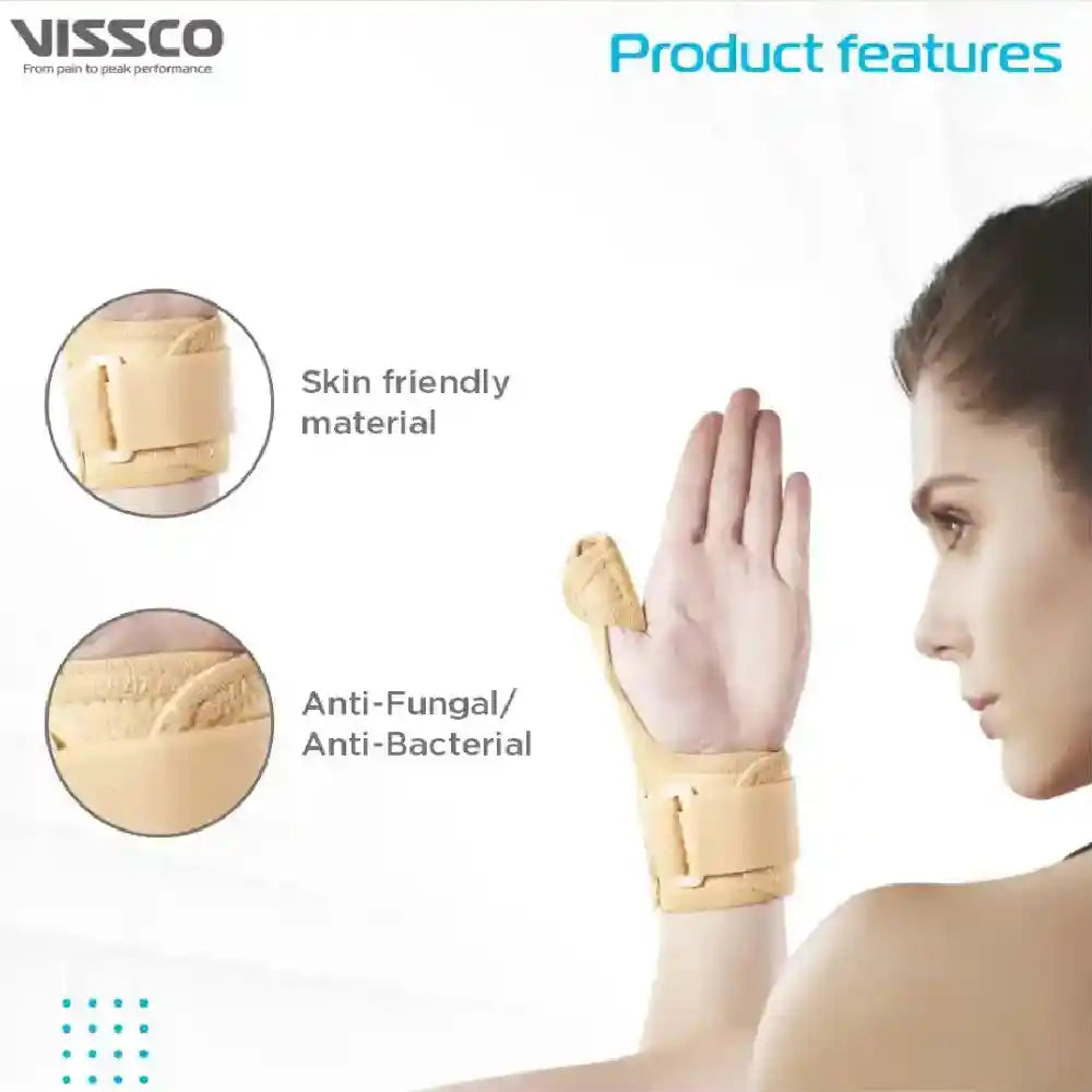 Woman wearing a beige wrist support brace with product features highlighted on a white background.