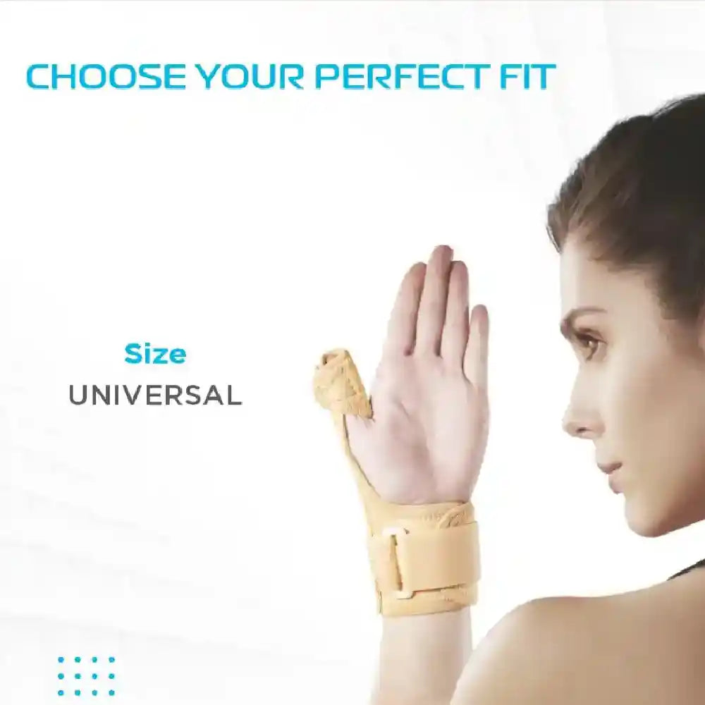 Woman wearing a beige wrist support with text 'Choose your perfect fit' and 'Size Universal' on a white background.