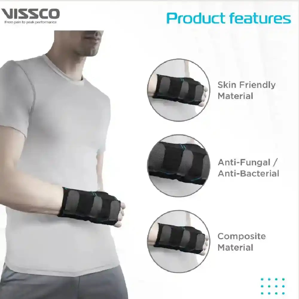 Person wearing a black wrist support brace with Viissco branding and product features listed.