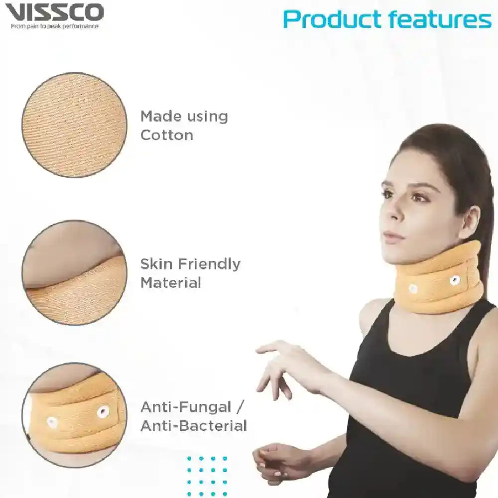 Woman wearing a neck support brace with Vissco branding and product features listed.