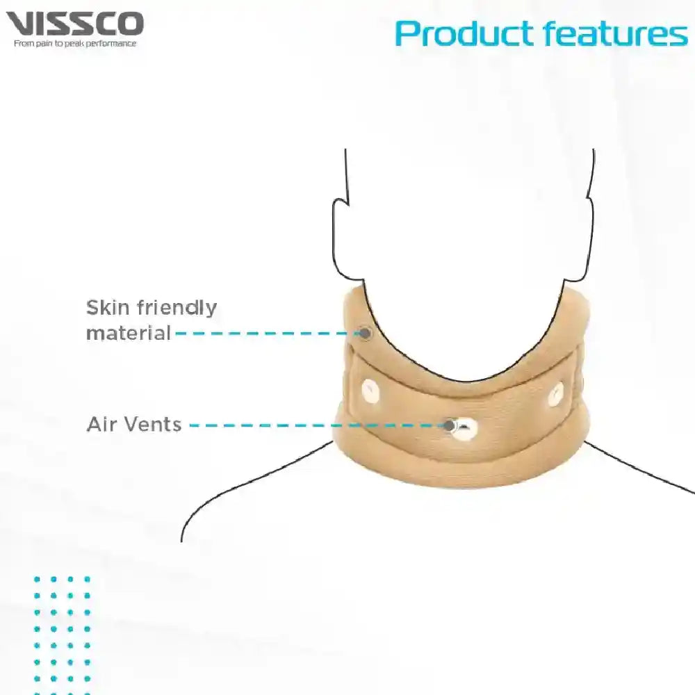 Neck brace with labeled features on a white background, featuring the Vissco brand.
