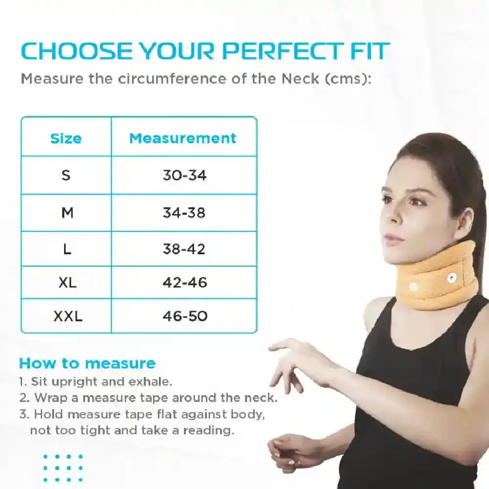 Person wearing a neck brace with size chart and measurement guide on a white background