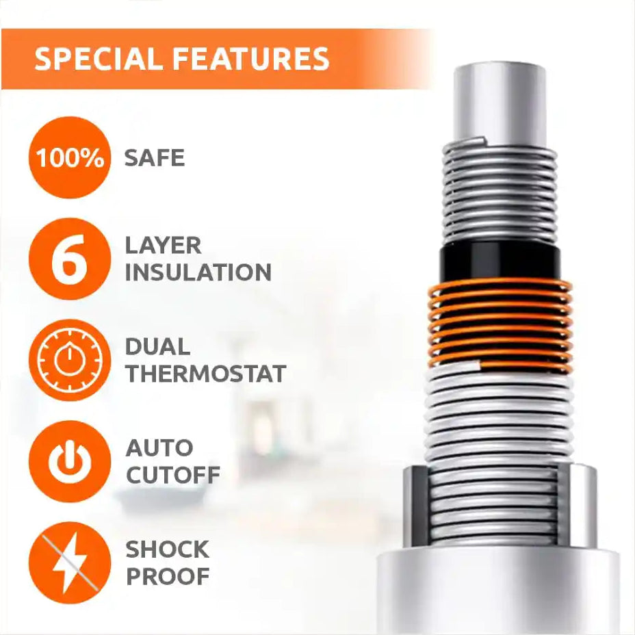 Heater element with safety features listed on a white background