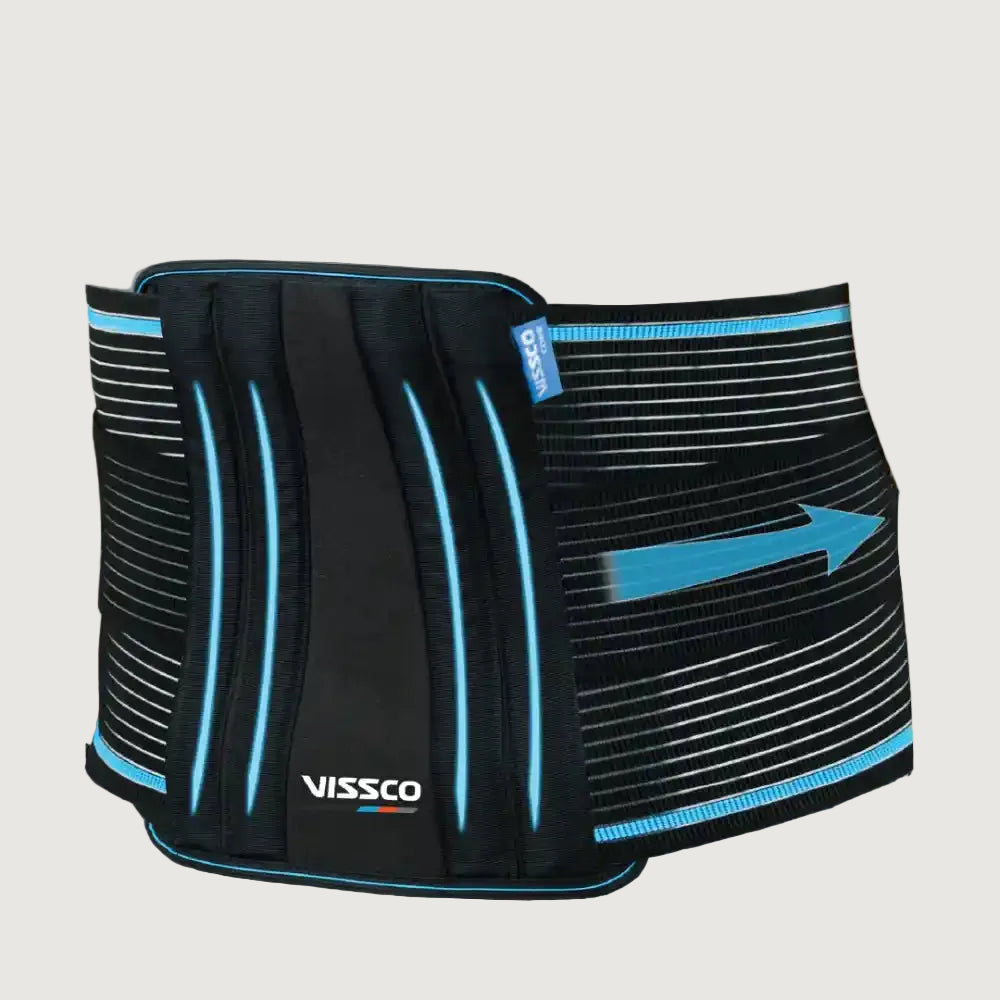Black and blue Vissco waist support belt on a gray background