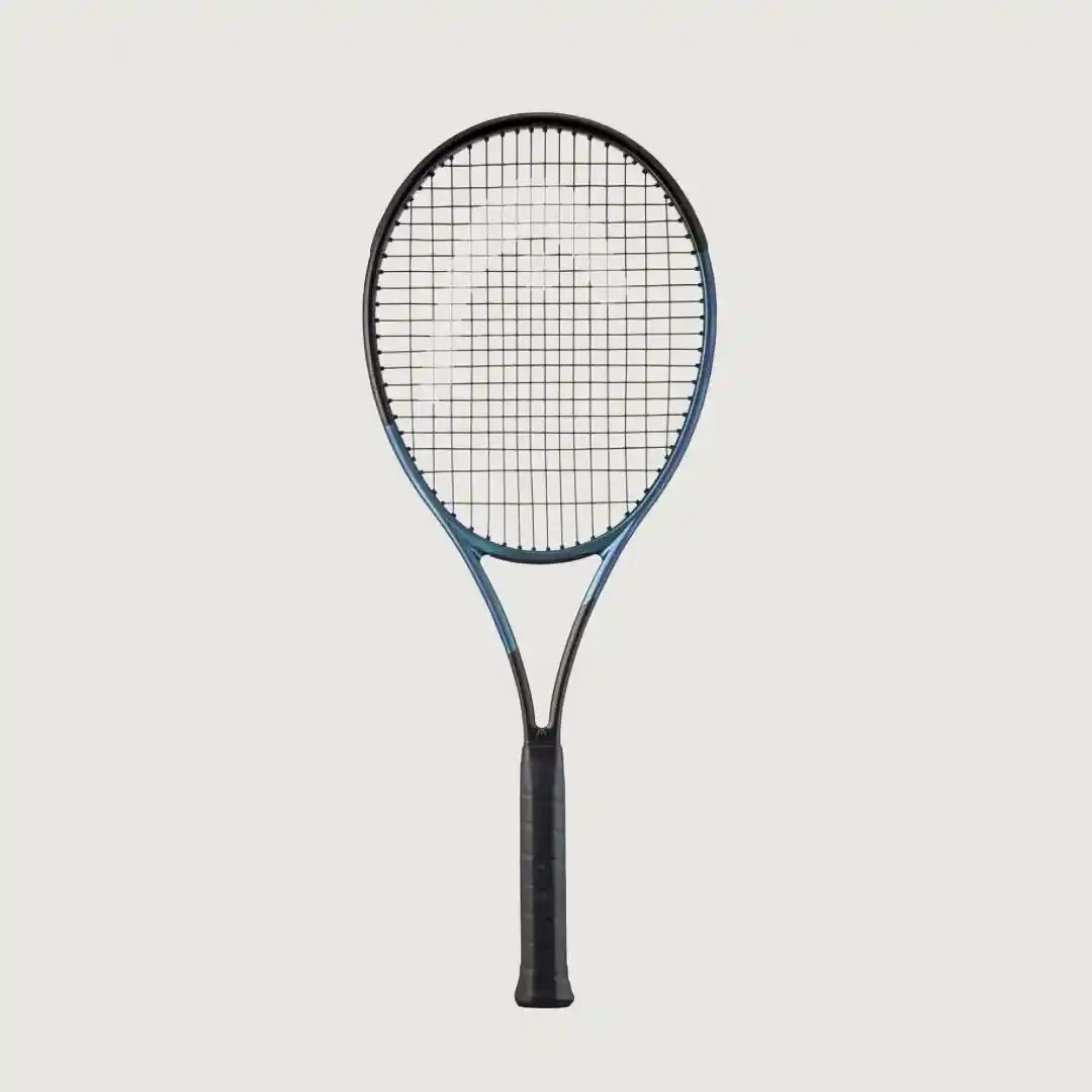 A tennis racket with a black and blue frame, black strings, and a black grip, centered against a light gray background.