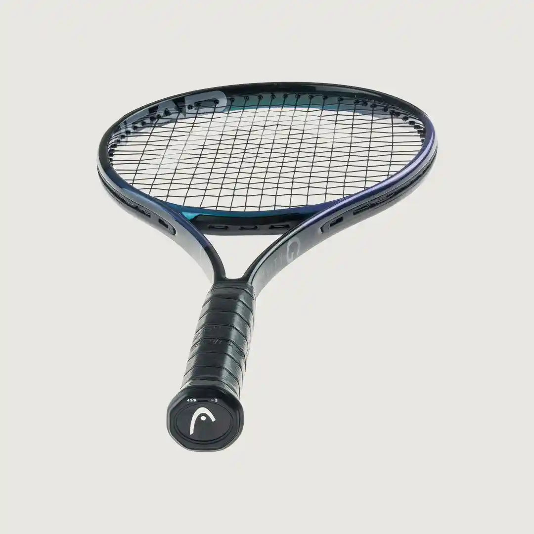 A headhead tennis racket with a black and dark blue frame, black strings, and a black grip, shown against a light gray background.
