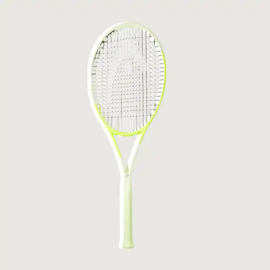 A tennis racket with a white frame and a bright neon yellow-green trim and grip, shown against a solid light gray background.