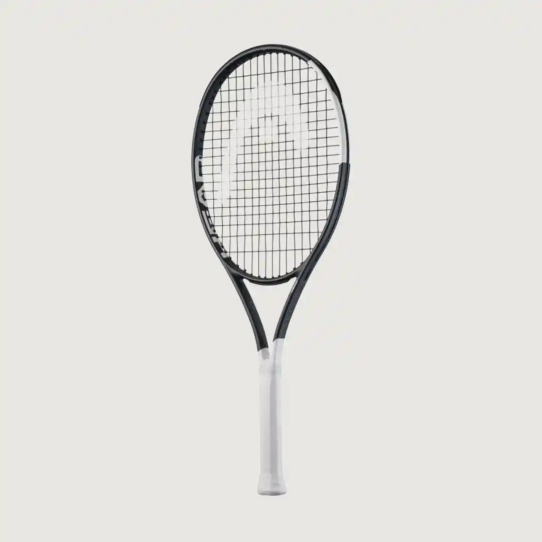 A tennis racket with a black frame and white grip, shown vertically against a light gray background.