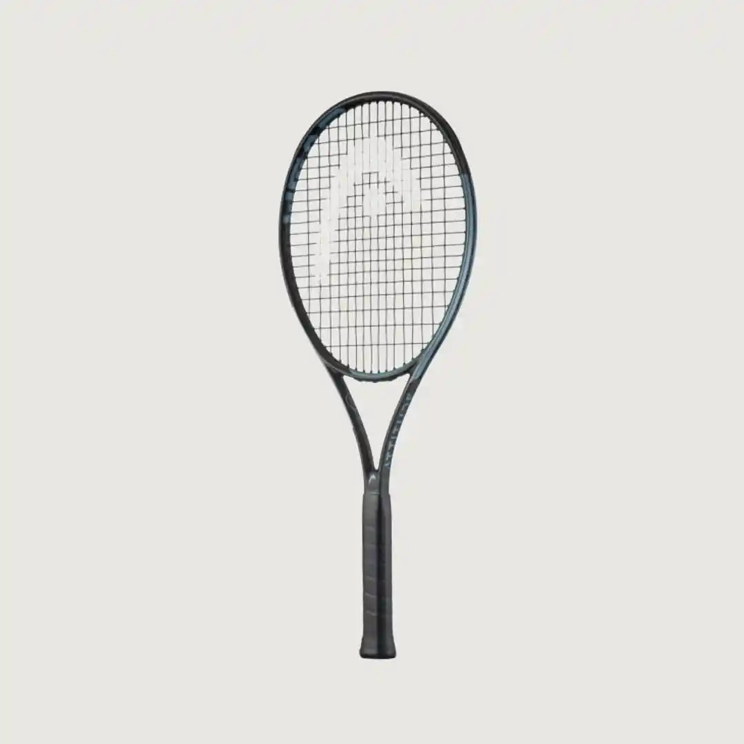 A headhead tennis racket with a dark gray frame and black strings, shown vertically against a light gray background.