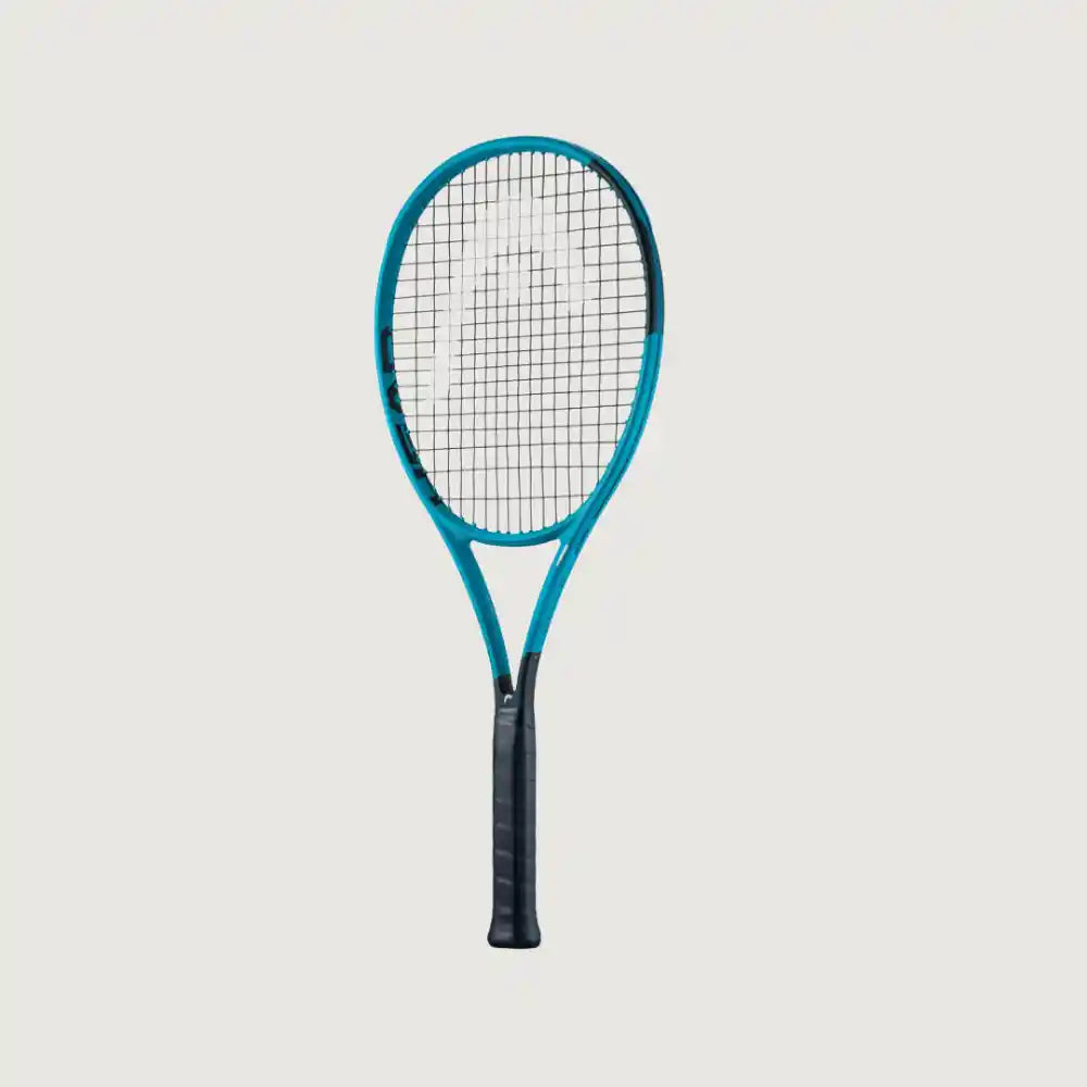 A tennis racket with a bright teal-blue frame and black grip, shown vertically against a solid light gray background.