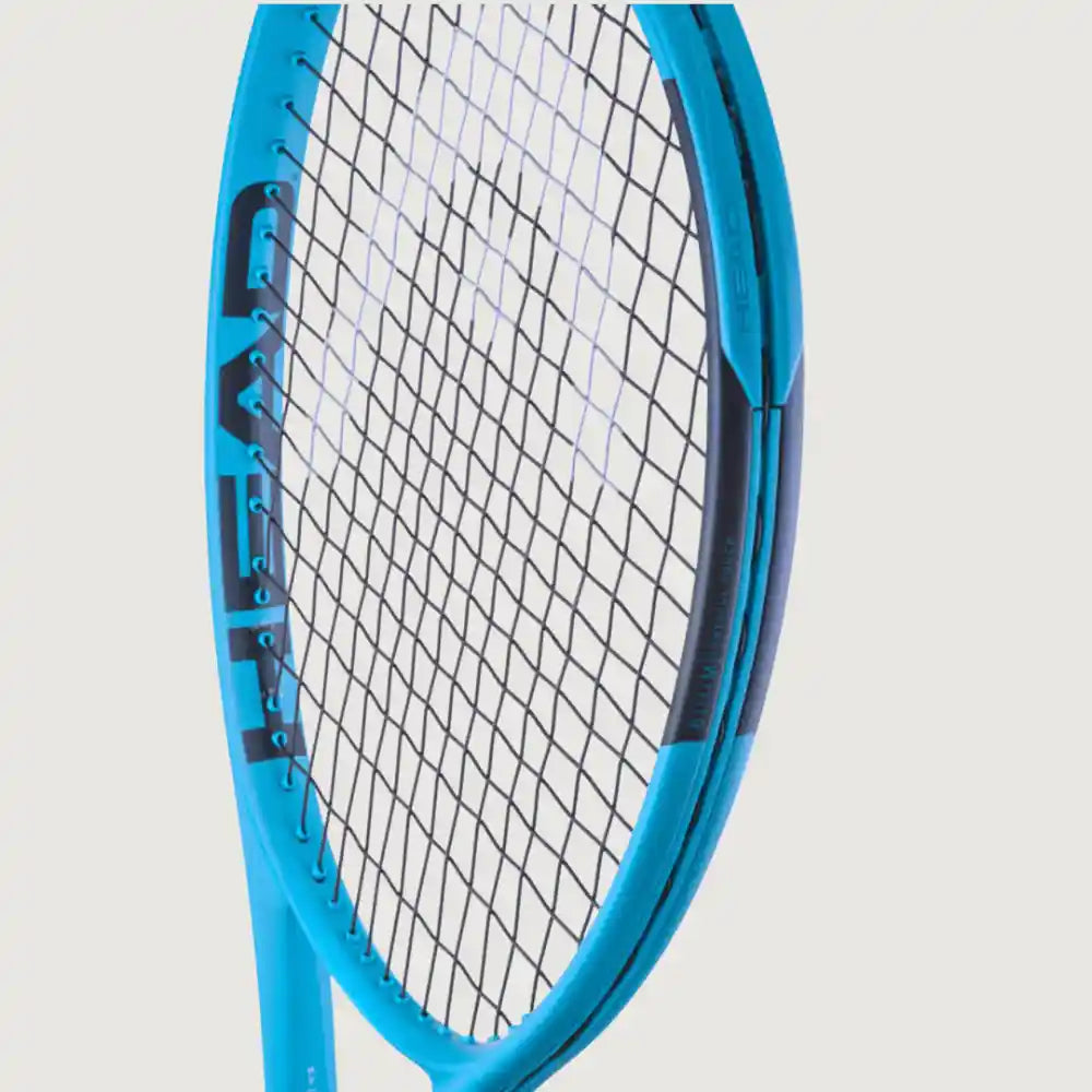 Close-up of a blue and black tennis racket showing the throat, string bed, and part of the frame against a light gray background.