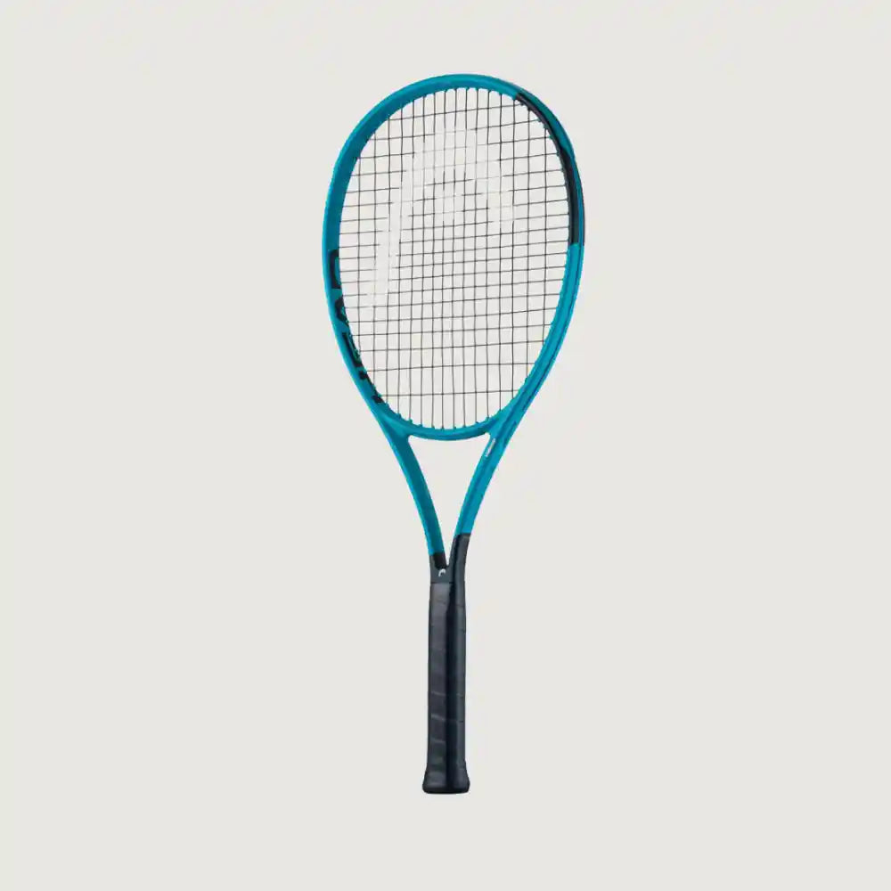 A tennis racket with a bright teal-blue frame and black grip, shown vertically against a solid light gray background.