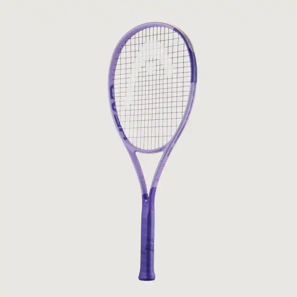 A purple squash racket with a purple grip and black strings, shown vertically against a light gray background.