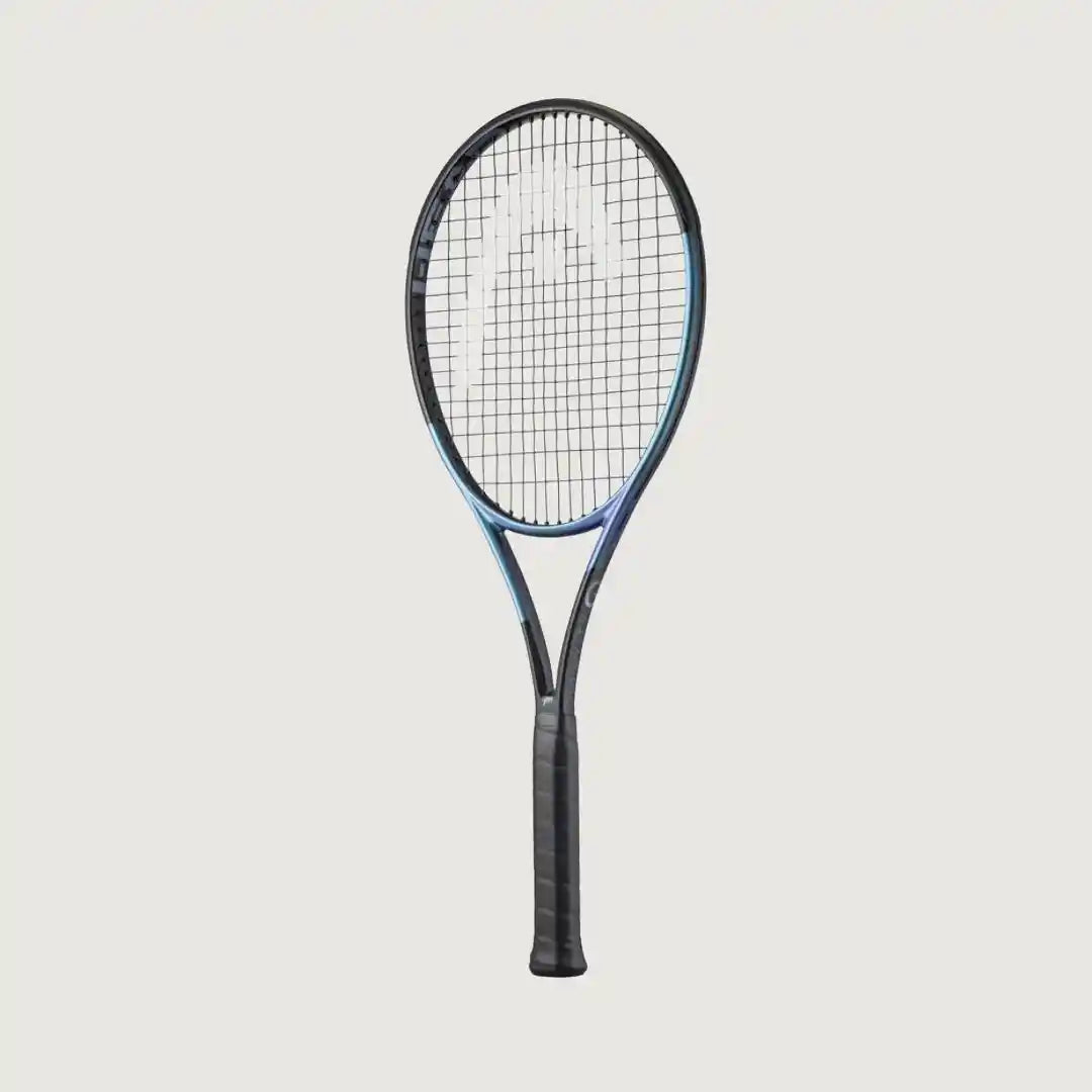 A tennis racket with a black frame, blue accents along the throat, and white strings, shown vertically against a light gray background.