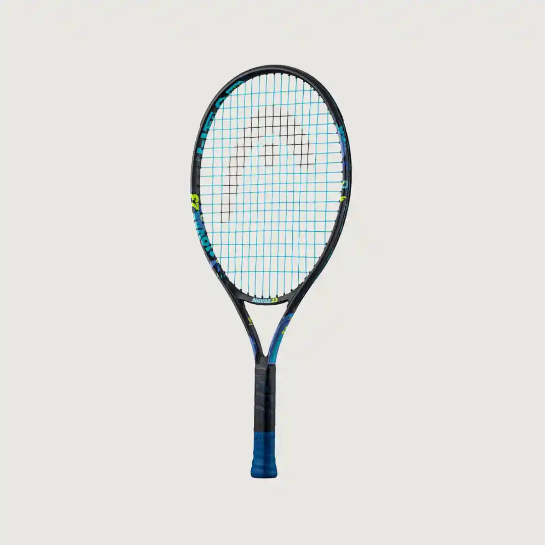 A Head tennis racket with a black frame, blue and teal strings, and a blue grip, shown against a solid light gray background.