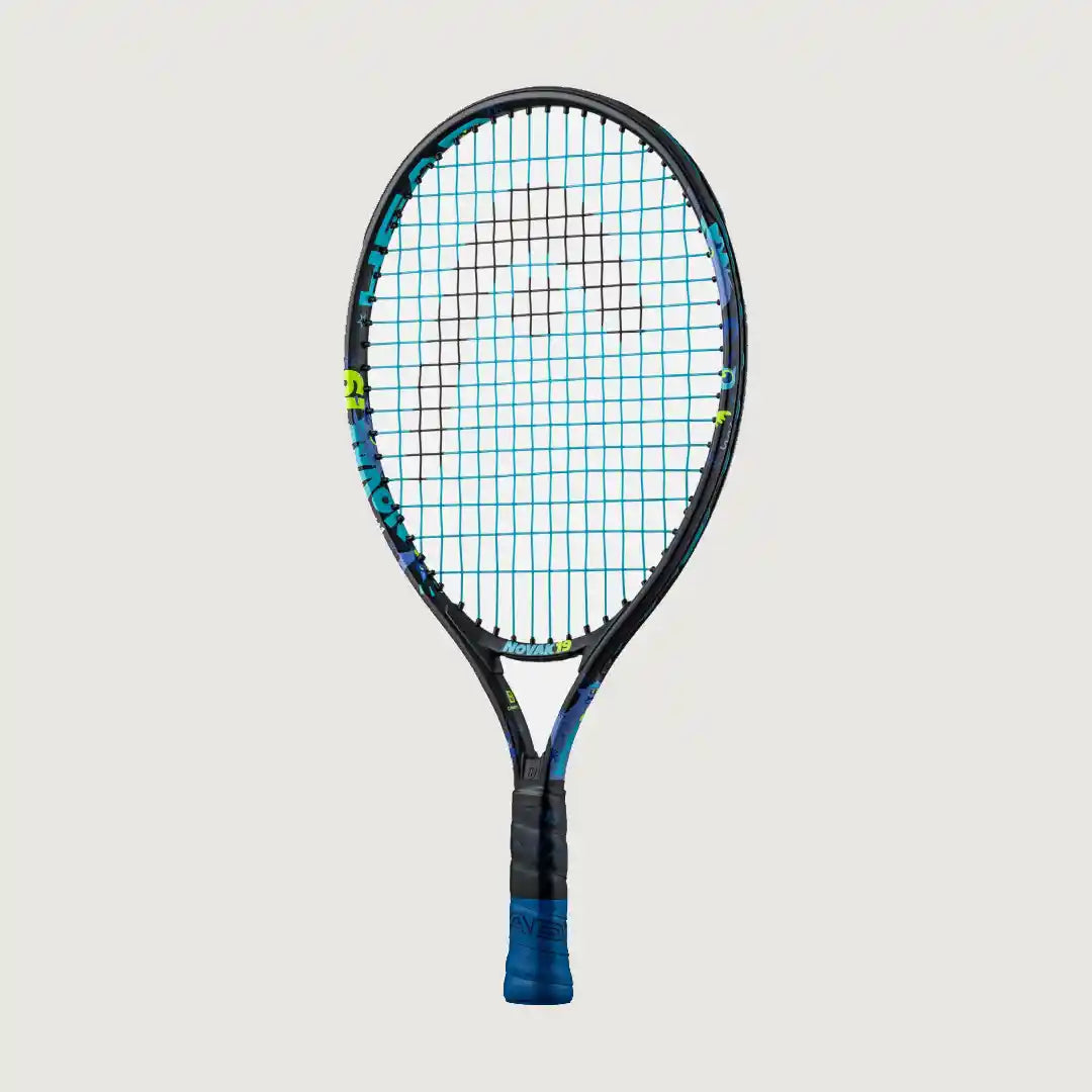 A head tennis racket with a black frame, blue and teal strings, and a blue wrapped grip, shown against a light gray background.