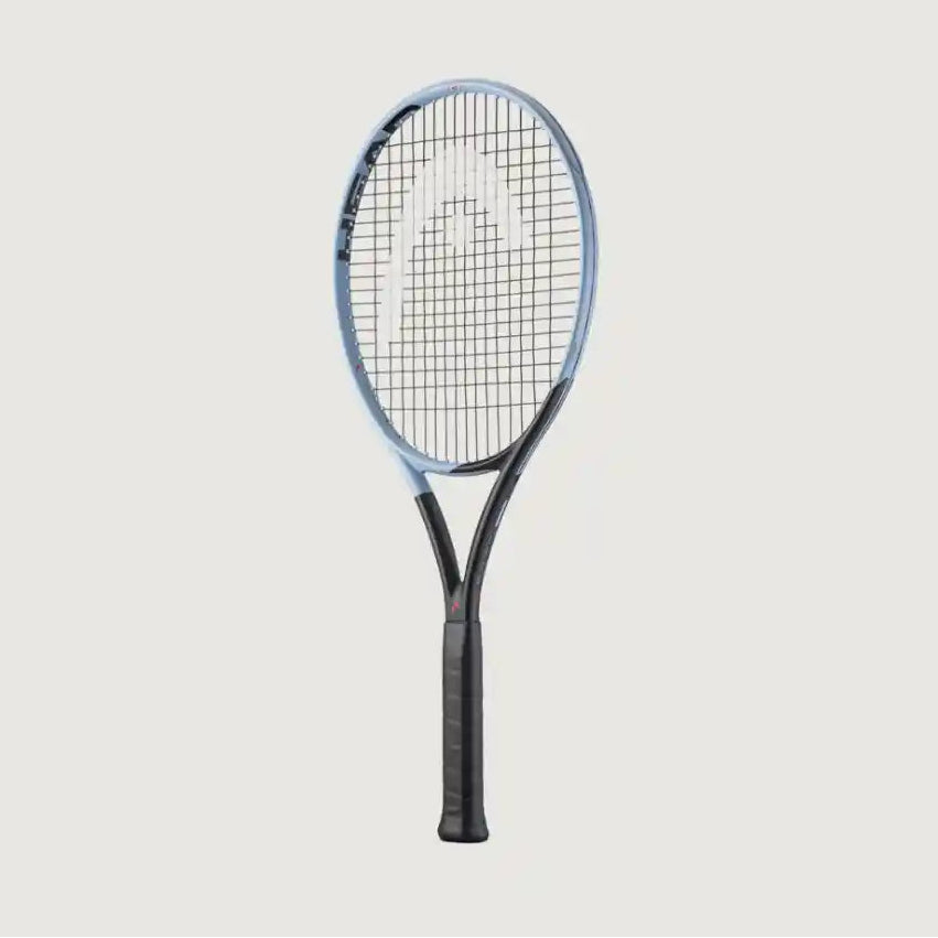 A tennis racket with a light blue and black frame, black grip, and white strings, centered on a light gray background. The head of the racket features the white Head brand logo.