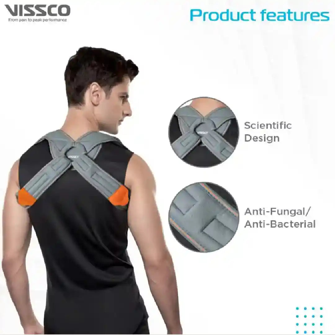Man wearing a back brace with VISSCO branding and product features highlighted.