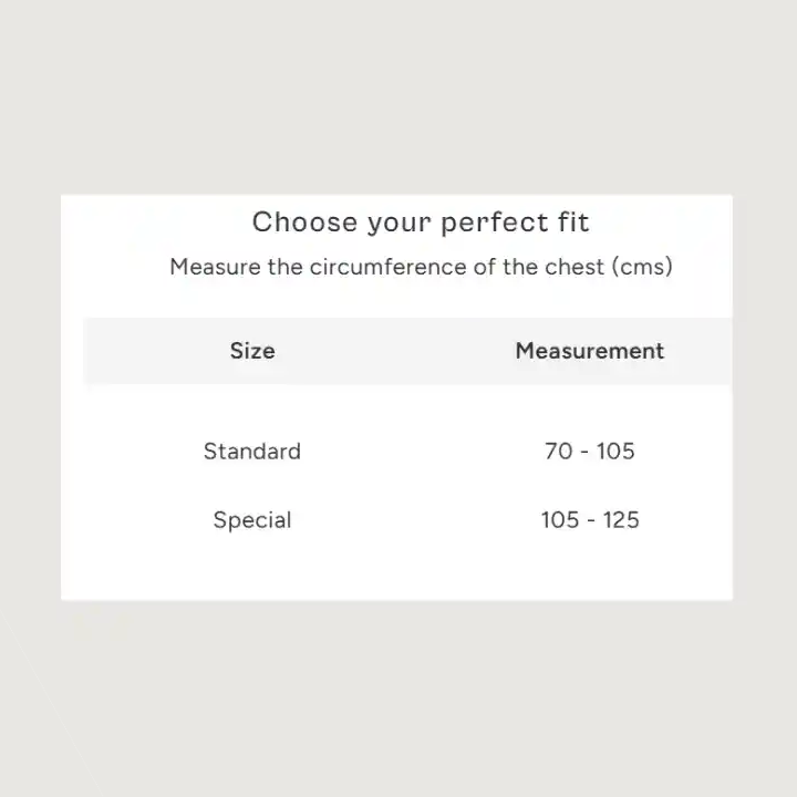 Measurement chart for chest circumference with size options on a light gray background