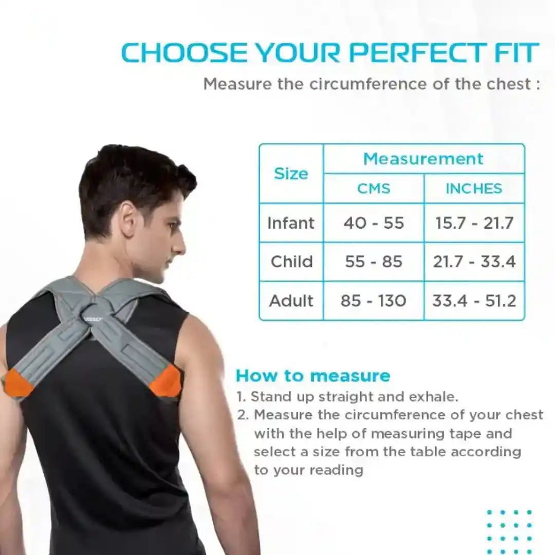 Man wearing a back brace with measurement chart for sizing on a white background