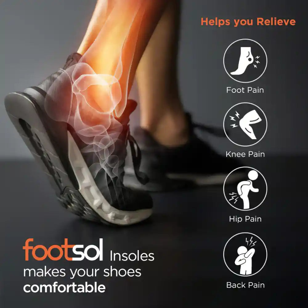 Advertisement for footso1 insoles showing a shoe with a glowing sole and pain relief benefits.