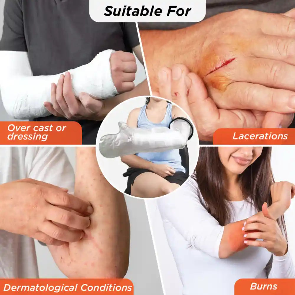 Product advertisement showing uses for a bandage on cast, dressings, lacerations, dermatological conditions, and burns.