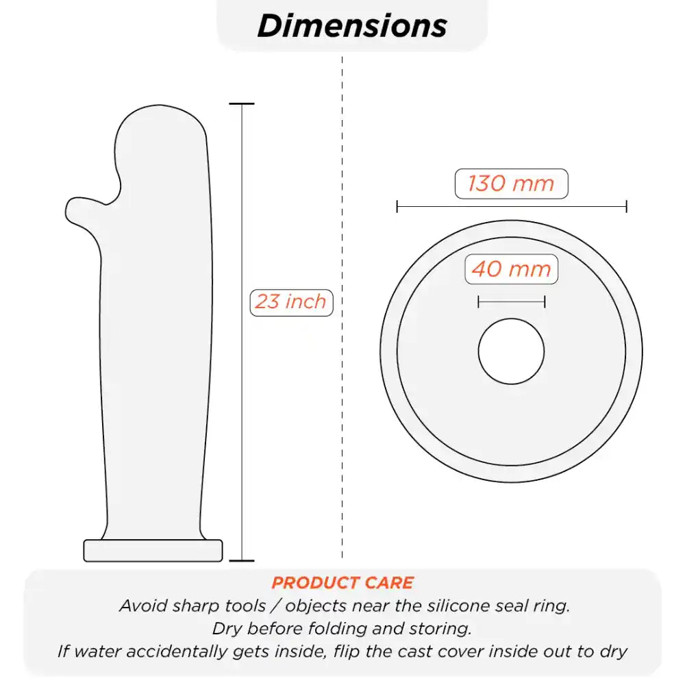 Measurement chart showing dimensions of a product with text on product care.