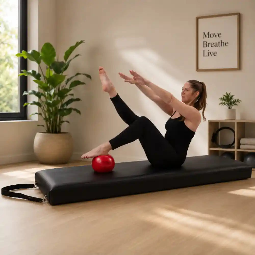 Woman exercising on a mat with a red ball in a home setting