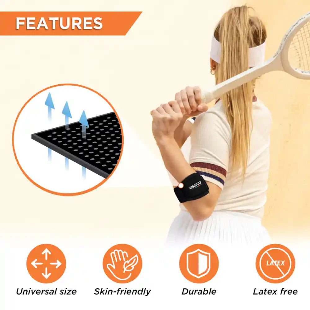 Woman holding a tennis racket with an arm band, featuring product features on a beige background.