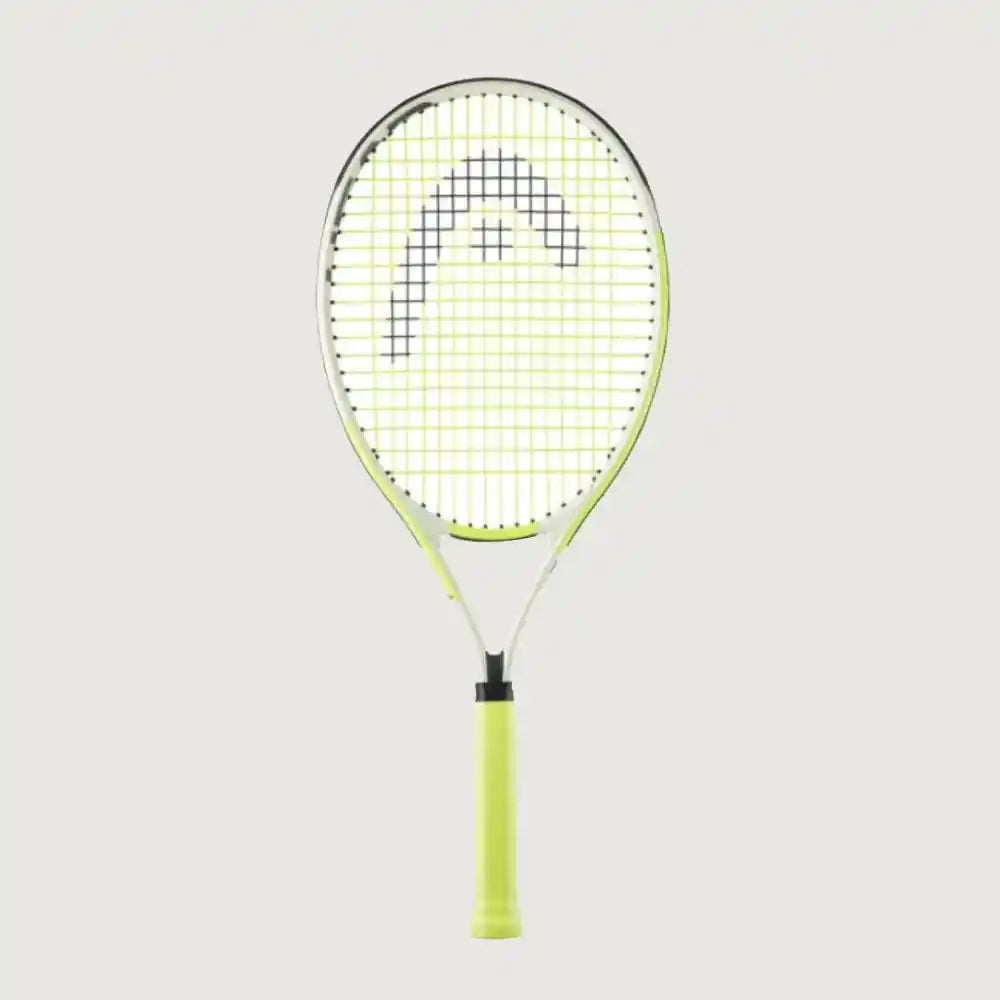 A tennis racket with a neon yellow-green frame, white strings, and a matching neon yellow-green grip, shown against a solid light gray background. The head of the racket features a stylized gray logo.