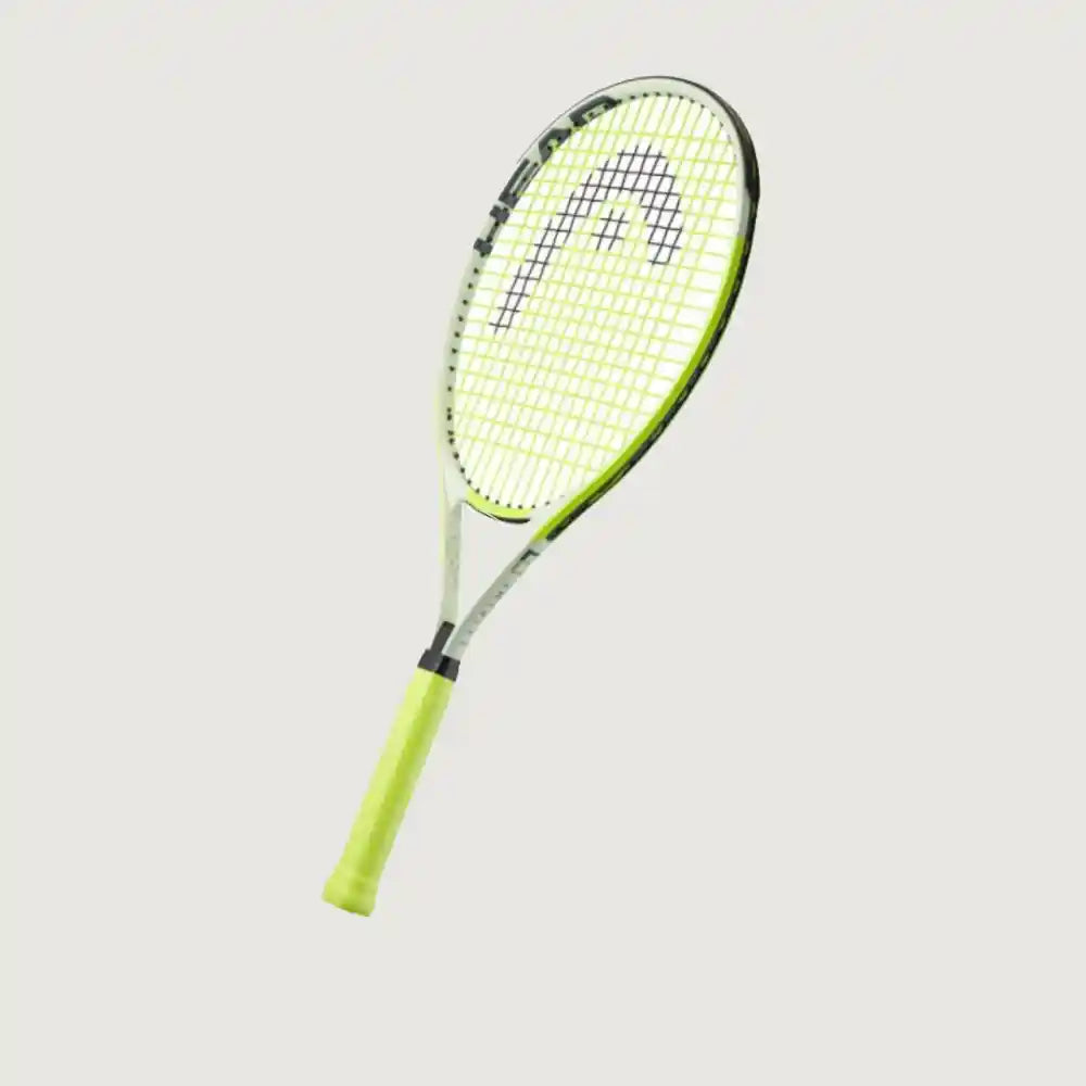 A tennis racket with a bright neon yellow-green handle and frame, white strings, and a black and white head, shown against a solid light gray background.
