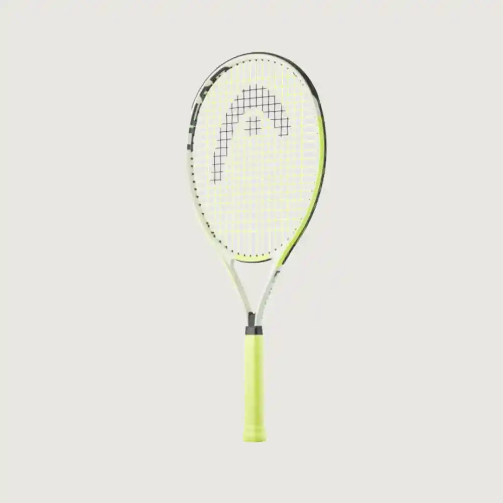 A Head tennis racket with a neon yellow-green handle and frame, white strings, and a black and white grid logo on the racket face, set against a solid light gray background.