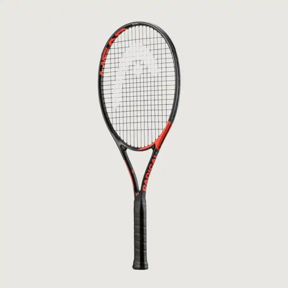 A Head badminton racket with a black frame, red accents, and white strings, shown vertically against a light gray background.