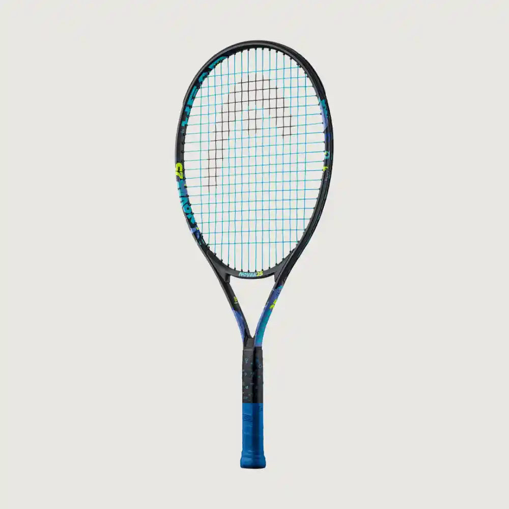 A head tennis racket with a black frame, blue and yellow accents, and light blue strings, shown vertically against a light gray background.