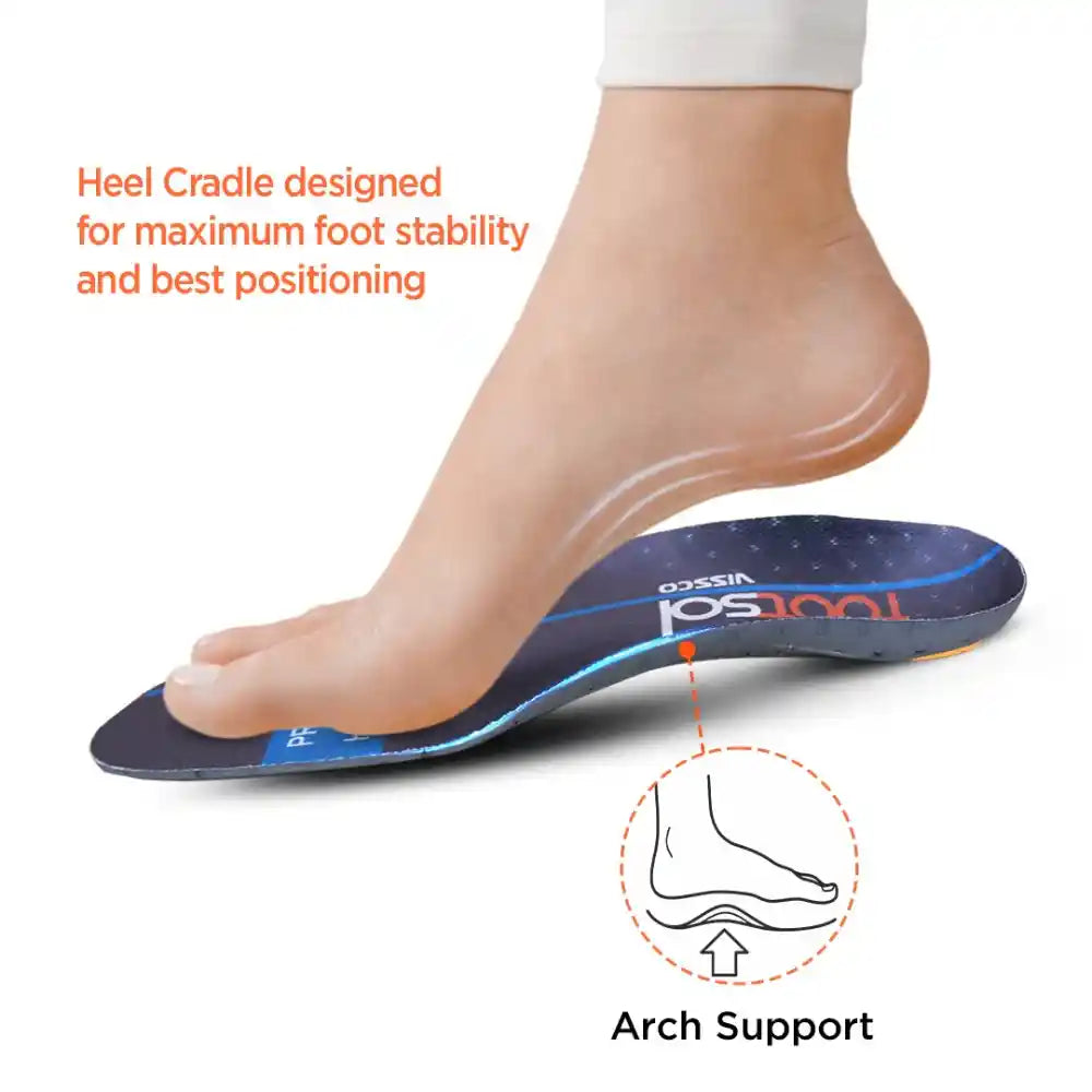 Foot wearing a blue athletic shoe with arch support and heel cradle design on a white background.