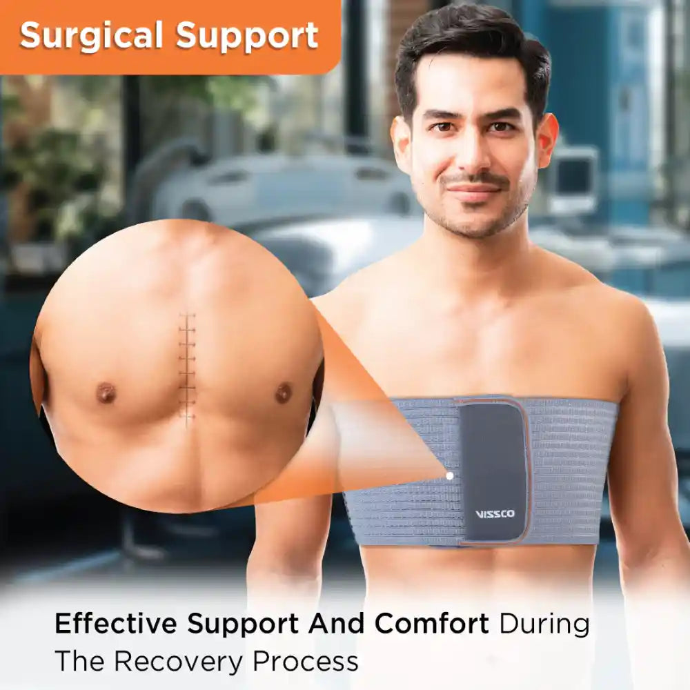 Man wearing a surgical support belt with a close-up of a scar, set against a blurred indoor background.
