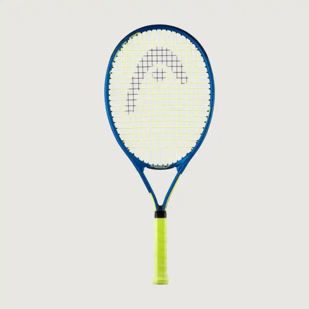 A tennis racket with a blue frame, neon yellow strings, and a neon yellow grip, shown against a light gray background.