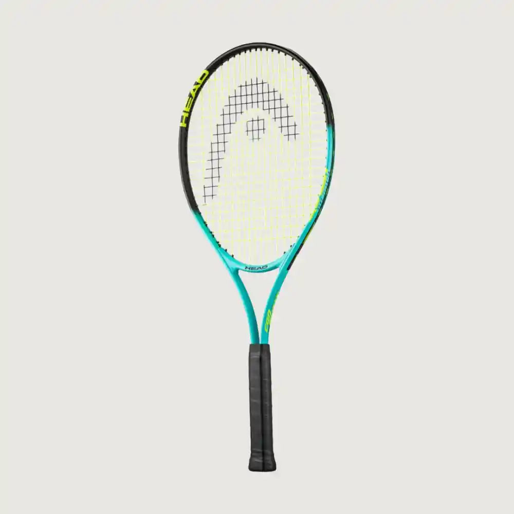 A Head tennis racket with a black frame, turquoise and yellow accents, and a black grip, shown vertically against a light gray background.
