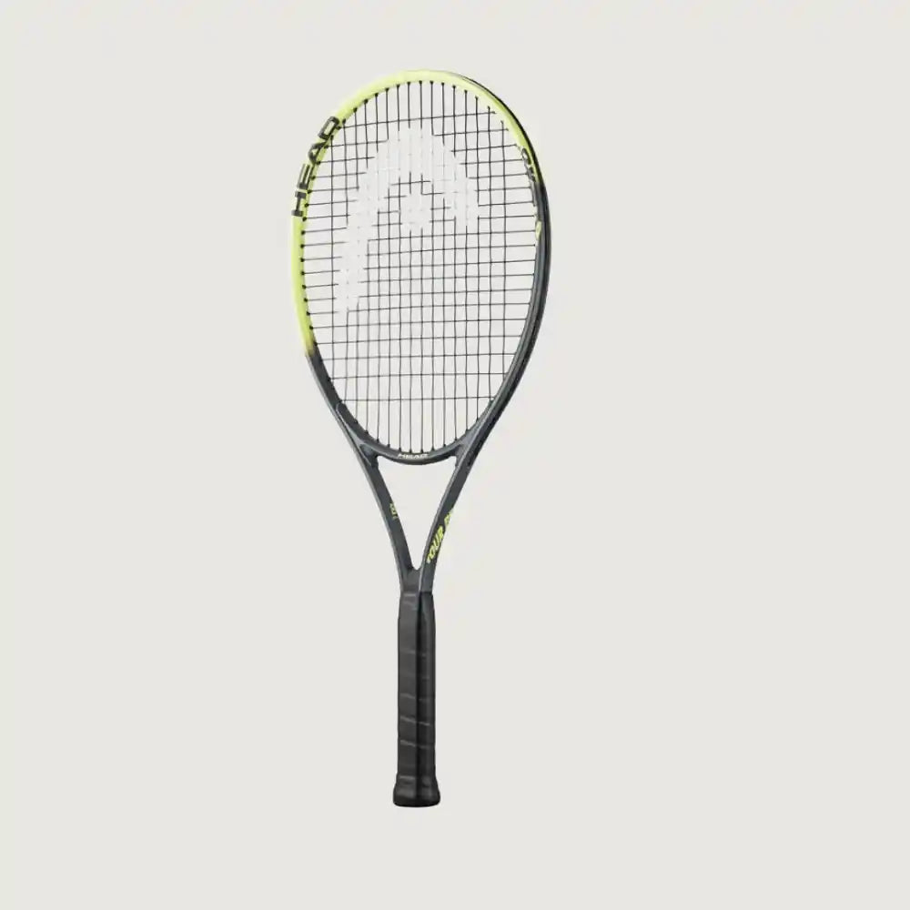 A Head tennis racket with a black and gray frame, neon yellow accents, and white strings, shown against a solid light gray background.