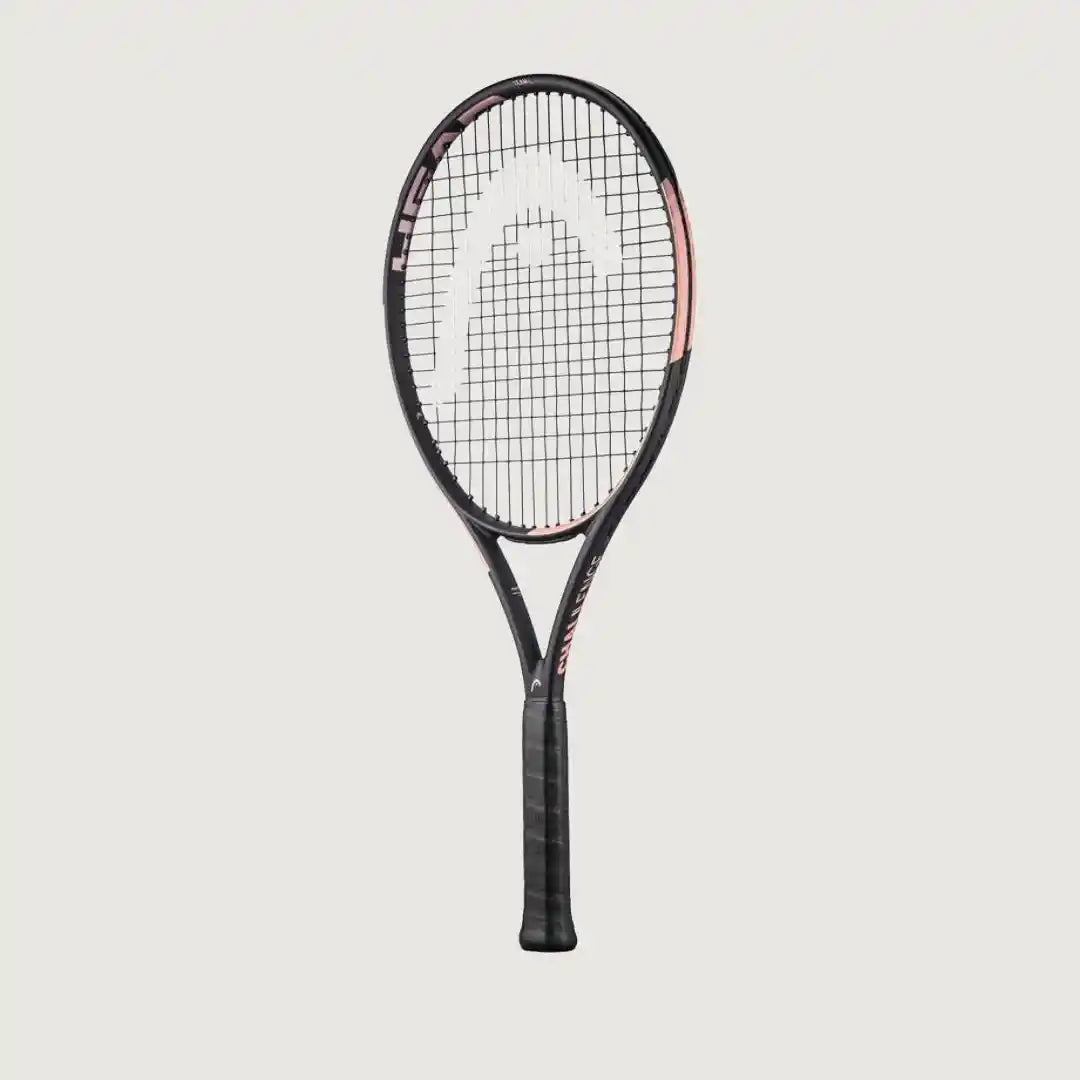 A Head tennis racket with a black frame, pink accents, and white strings, shown vertically against a light gray background.