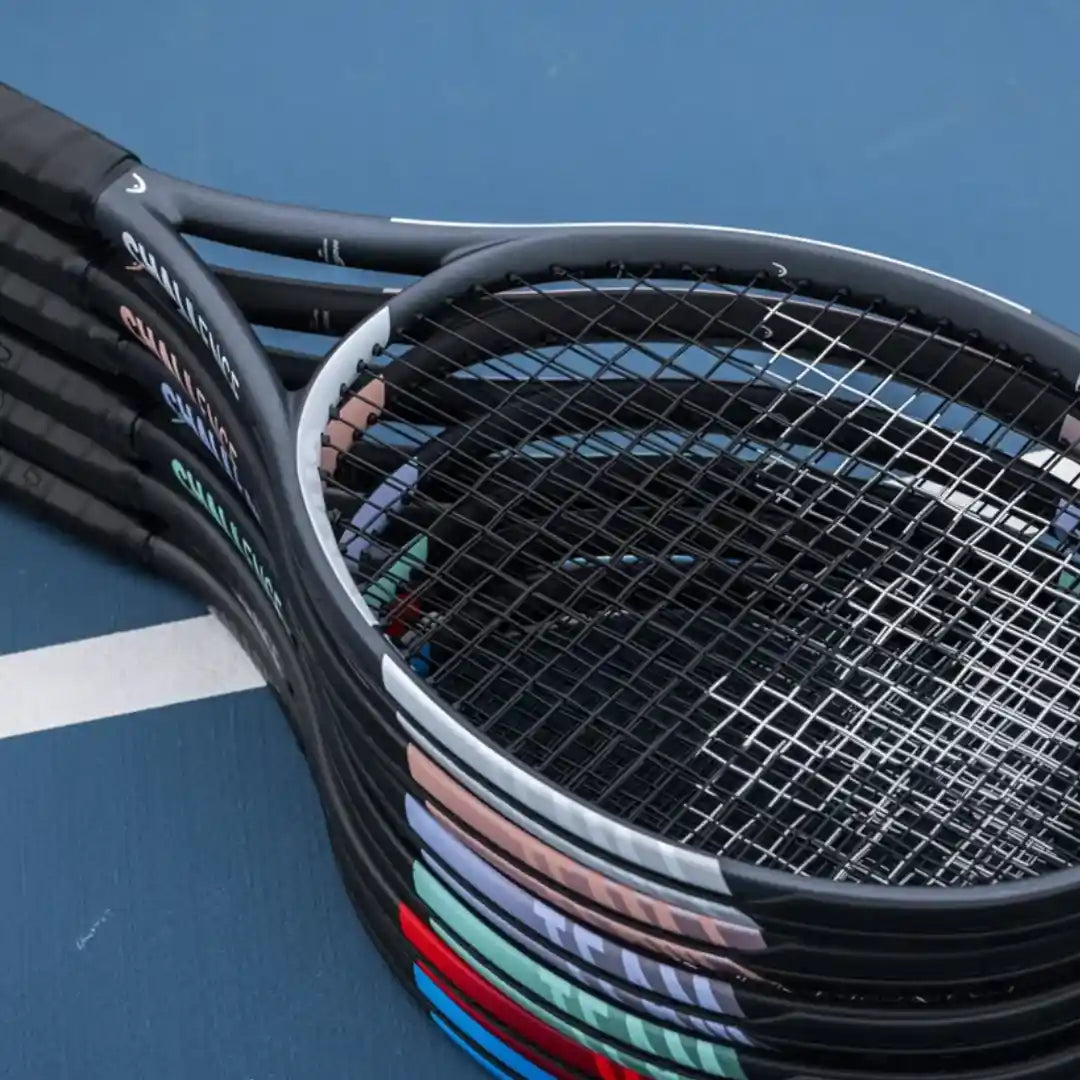 A close-up of a stack of black tennis rackets with colorful accents and strings, resting on a blue tennis court surface.