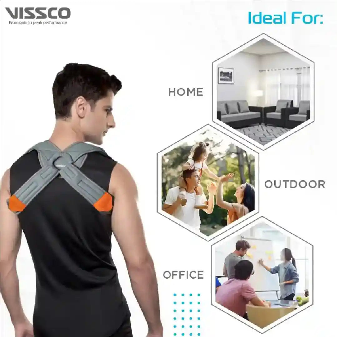 Man wearing a back brace with Vissco branding, shown in various settings.