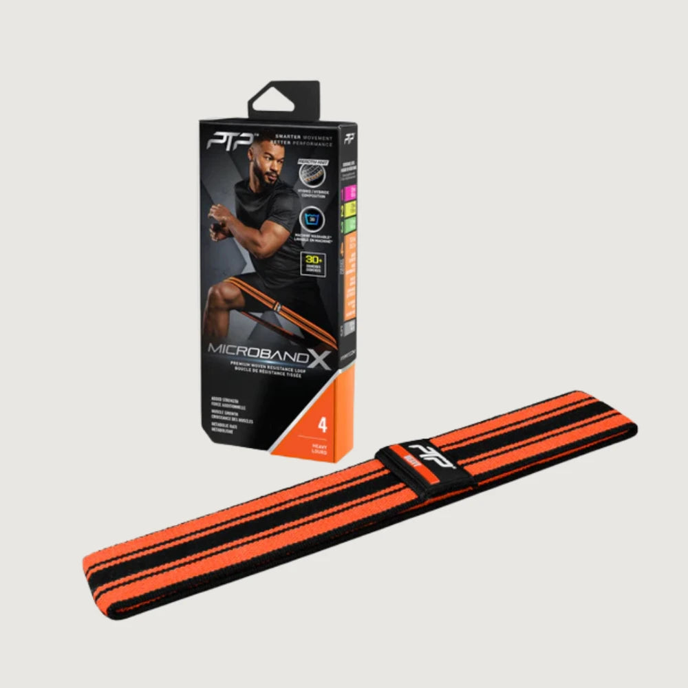 Orange and black resistance band with packaging on a light gray background