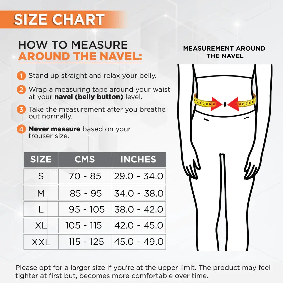 Size chart for measuring around the navel with a diagram and measurement guide.