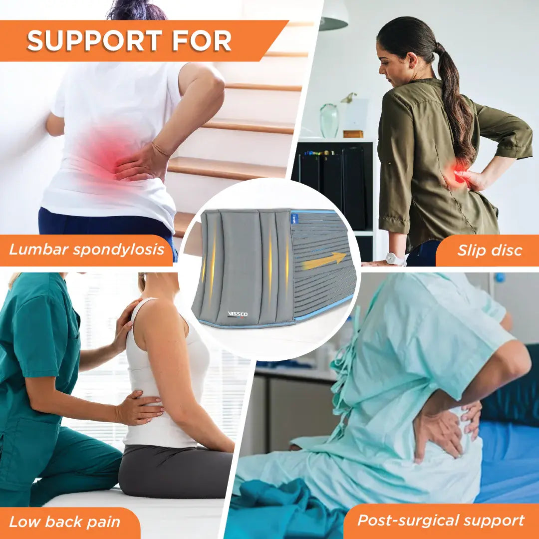Collage of people experiencing back pain with a focus on a back support product.