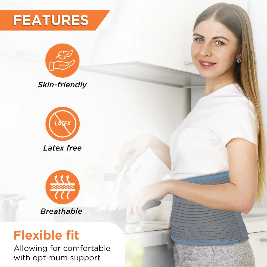 Woman wearing a gray waist support belt with features listed on an orange background