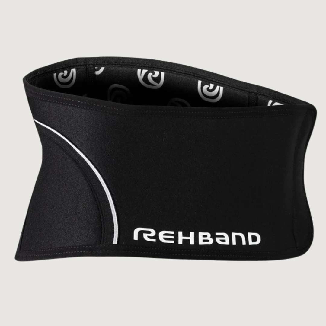 Black Rehband waist support belt on a light gray background