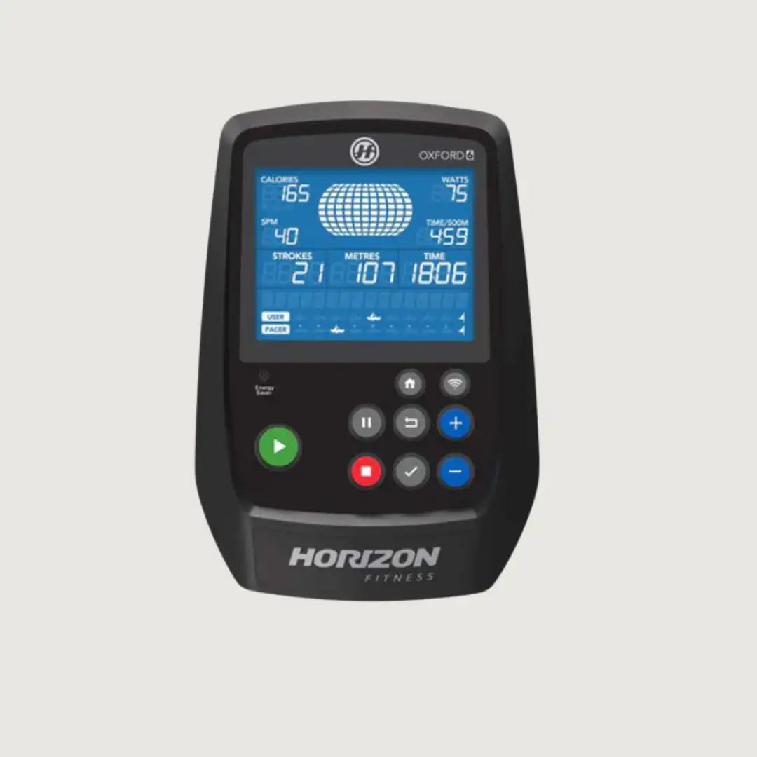 Close-up of the Horizon Oxford rower's console displaying workout metrics and control buttons.